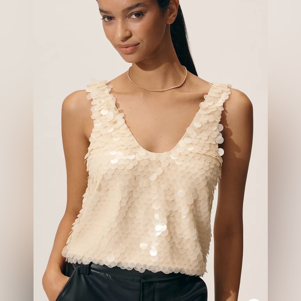 Cream Sequin Scoop Neck Tank Top